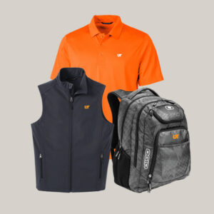 Gear from the UT System store. Showing an orange shirt, black vest, and gray backpack all displaying the UT Icon.