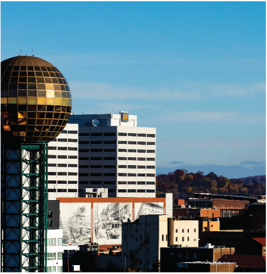 Downtown Knoxville showing the Sun sphere and UT Tower.