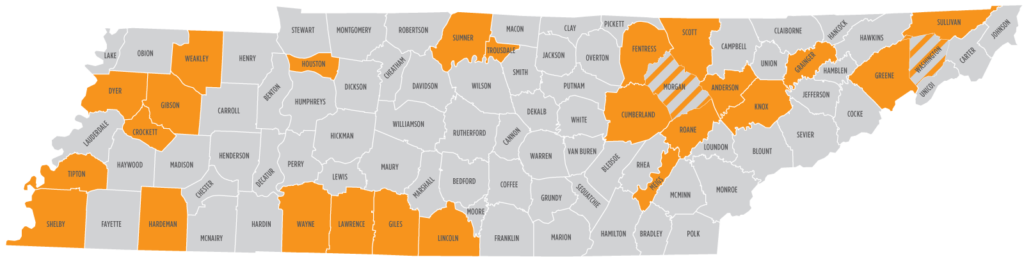 A map highlighting two dozen counties in Tennessee