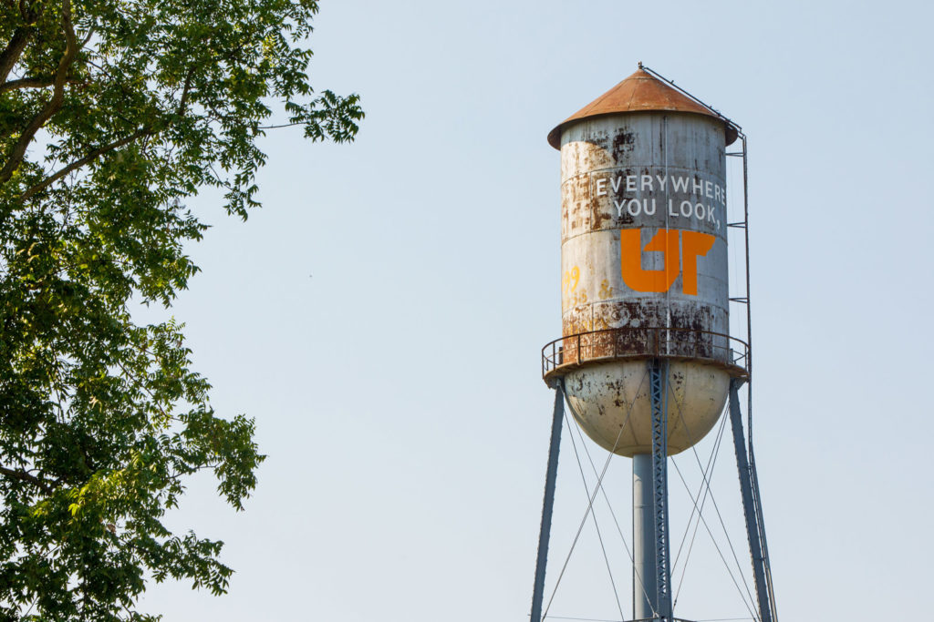 UT water tower spray painted over