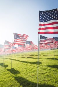 a field of American flags fly on a clear sunny day