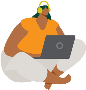 An illustration of a woman sitting criss cross with headphones and a laptop.